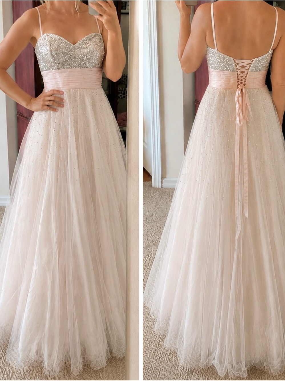 Beaded Blush Sweetheart Tulle Gown with Pink Sash